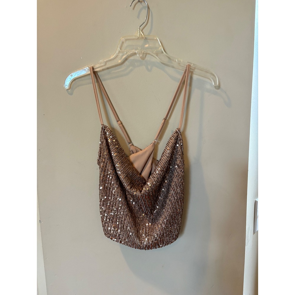 Express Rose Gold Sequin Cowl Neck Crop Top Crossback Straps Small